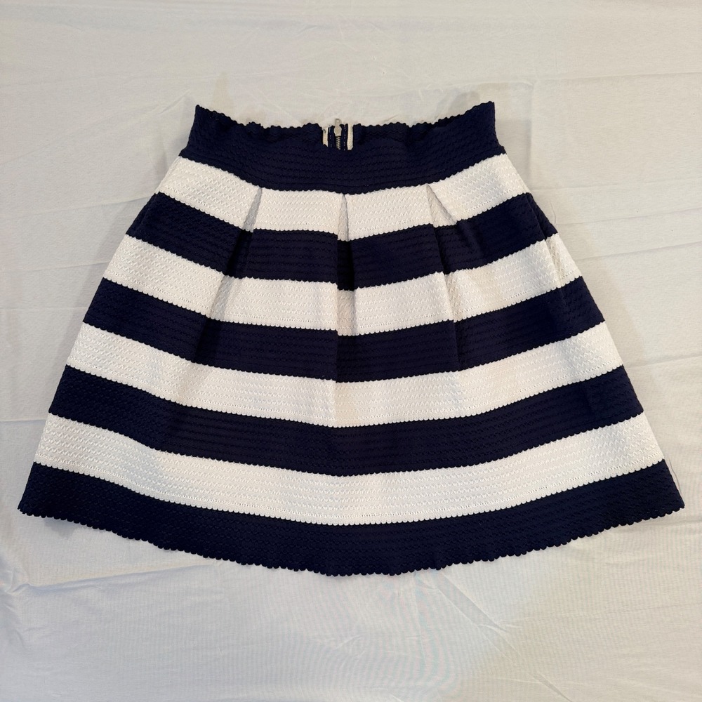 Freckles Navy White Striped Textured A-Line Skirt XL Scalloped Hem Back Zip